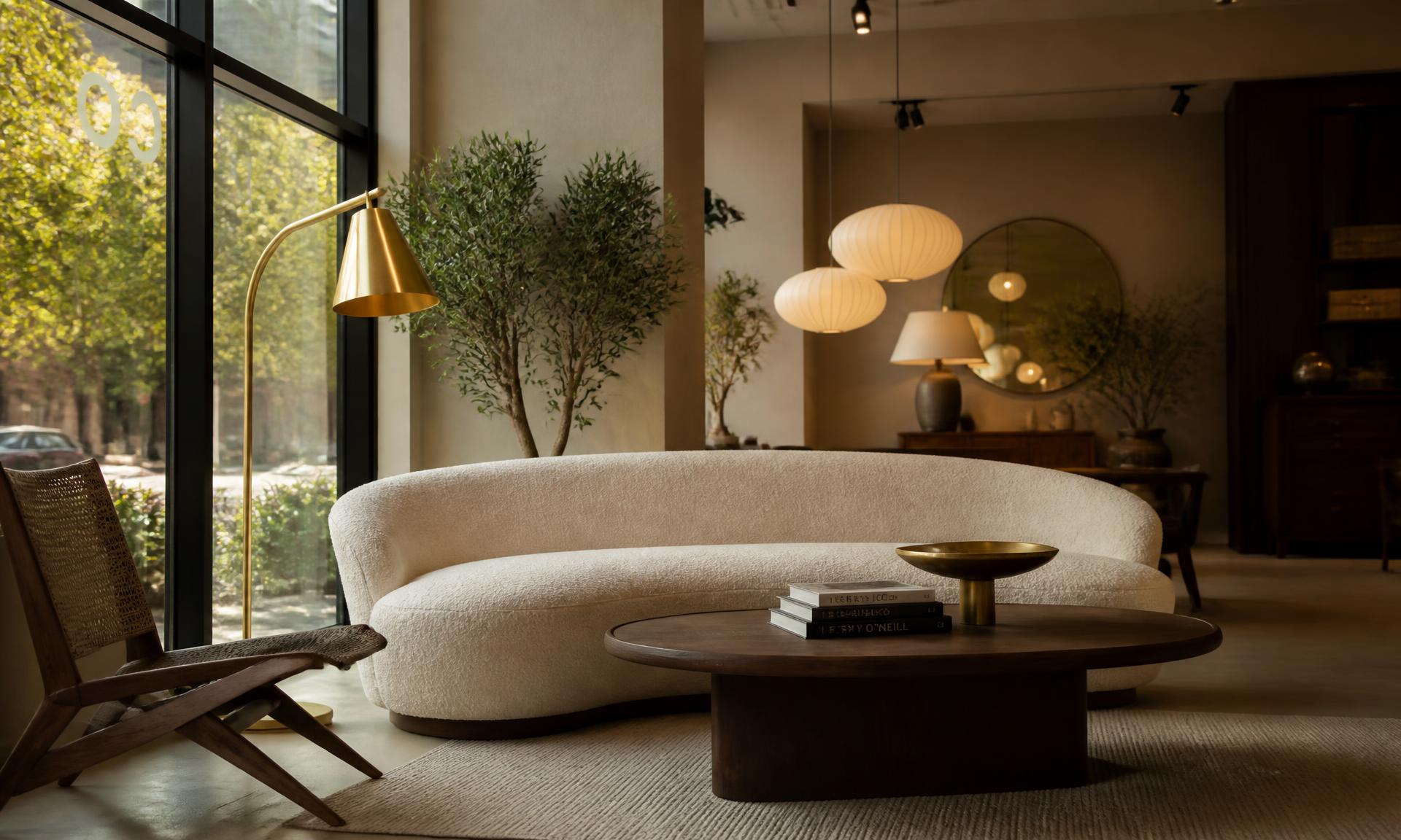 Premium C'NAKHO showroom with a curved boucle sofa and walnut coffee table